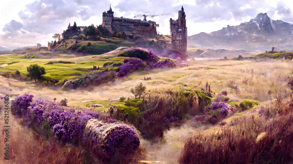 Artistic concept of painting a beautiful landscape of wild nature, with flowery meadows in the background. Tender and dreamy design, background illustration