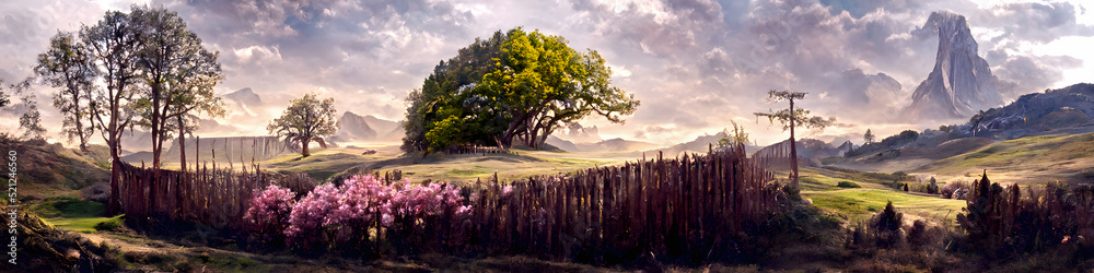 Artistic concept of painting a beautiful landscape of wild nature, with flowery meadows in the background. Tender and dreamy design, background illustration Artistic concept of painting a beautiful landscape of wild nature, with flowery meadows in the background. Tender and dreamy design, background illustration