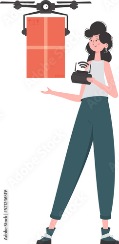 The concept of cargo delivery by air. A woman controls a drone with a parcel. Isolated. trendy style. Vector illustration.