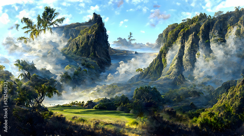 Artistic conception of beautiful landscape painting of mountain and hills, background illustration, tender and dreamy design. 