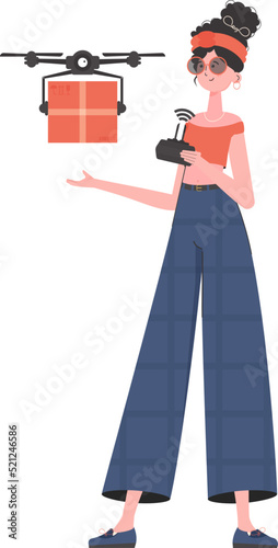 The concept of cargo delivery by air. A woman controls a drone with a parcel. Isolated. Vector illustration.