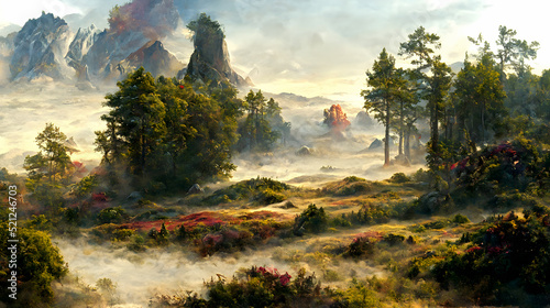 Artistic conception of beautiful landscape painting of nature  background illustration  tender and dreamy design.