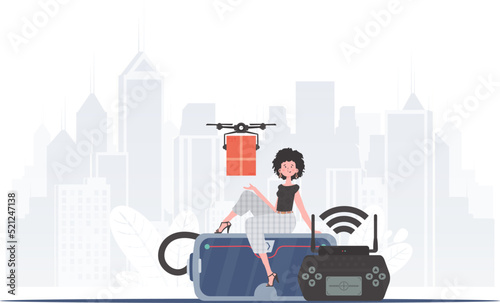 A woman controls a drone with a parcel. The concept of cargo delivery by air. Vector illustration.