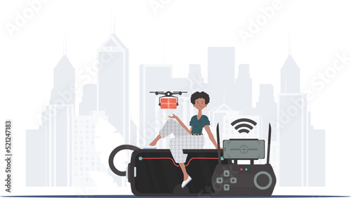 A woman controls a drone with a parcel. The concept of cargo delivery by air. Vector.