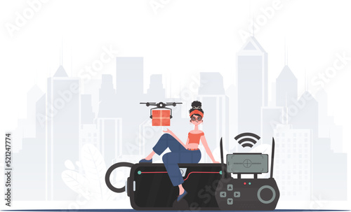 A woman controls a quadcopter with a parcel. Delivery concept. Vector illustration.