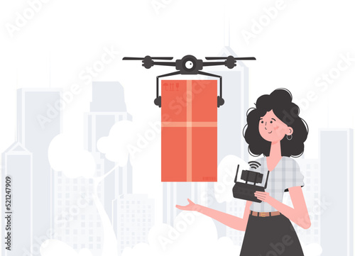 A woman controls a quadcopter with a parcel. Delivery theme. trendy style. Vector.