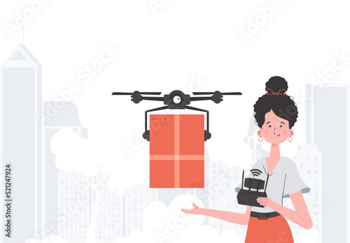 A woman controls a quadcopter with a parcel. Delivery theme. Flat modern design. Vector.