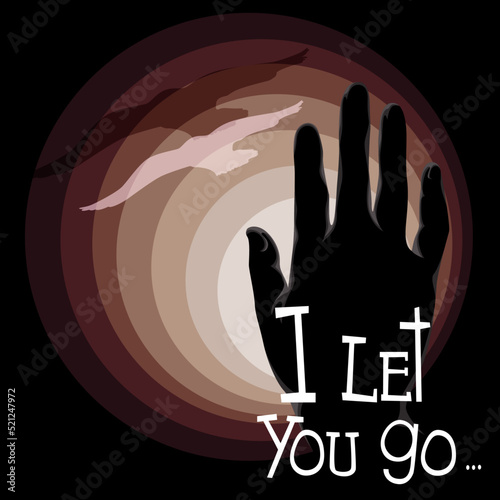 Hand. Sticker. Vector image. The palm is facing the flying bird. Against the background of the sun. I let you go.