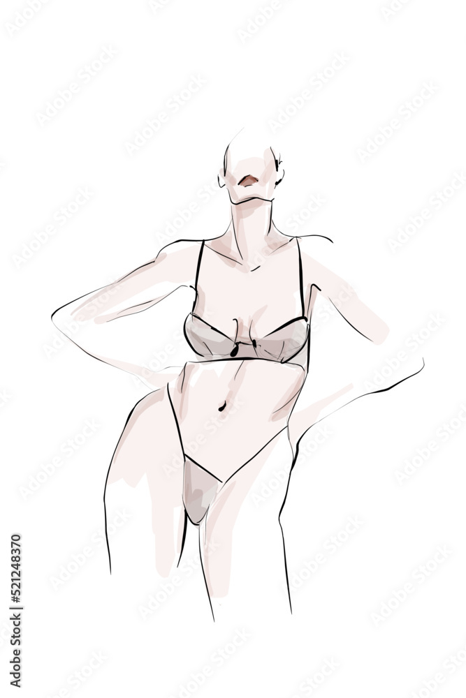 Young woman in lingerie. Female body. Hand-drawn illustration. Vector