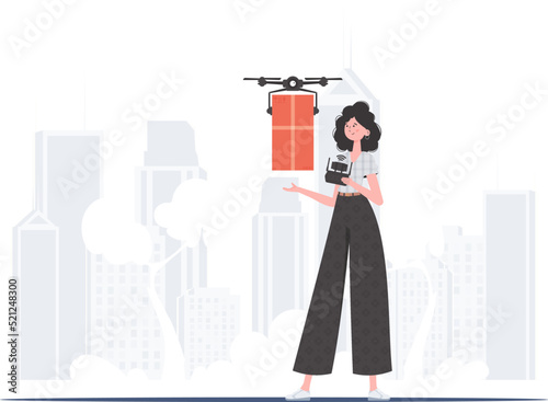 A woman controls a drone with a parcel. Delivery concept. trendy style. Vector.