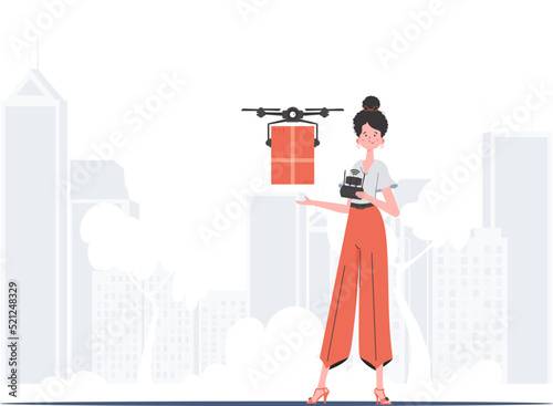 A woman controls a drone with a parcel. Delivery concept. Flat modern design. Vector.