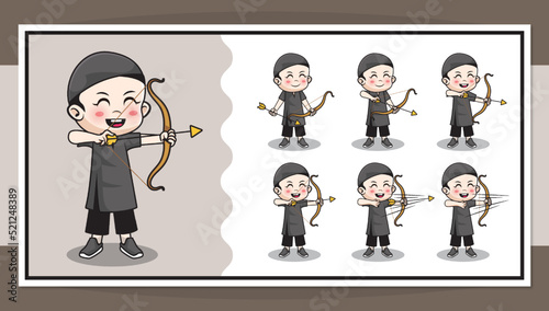 Cute cartoon character of muslim male archer animation sequence