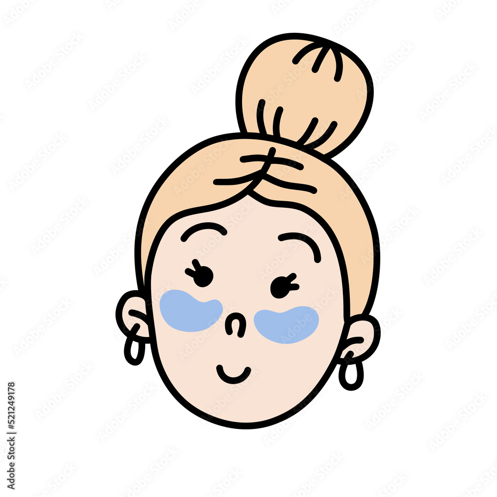 Vector Hand Drawn Line Cartoon Cute Smiling Girls Face with Eye Patches. Cartoon Female Doodle Portrait. Vector Hand Drawn Line Cartoon Cute Smiling Girls Face with Eye Patches. Cartoon Female Doodle Portrait.