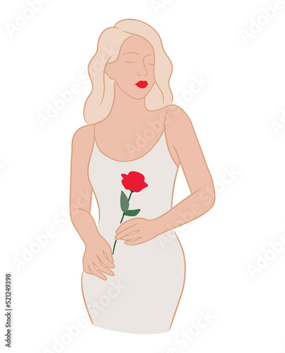Vector illustration of a young woman in a slim fit white dress with red rose and red lips. Vector sketch of blond lady in a sleeveless dress with scarlet flower