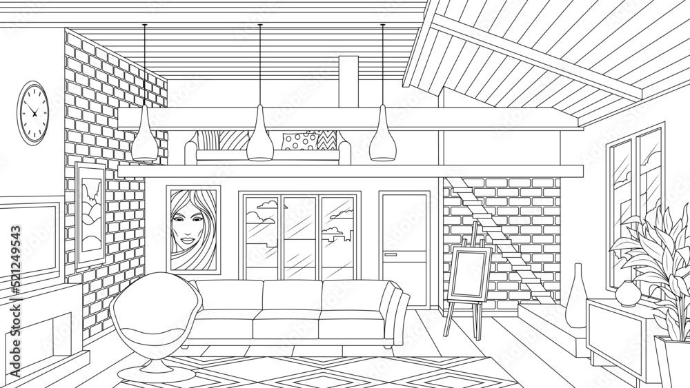 Vector illustration, living room with attic floor