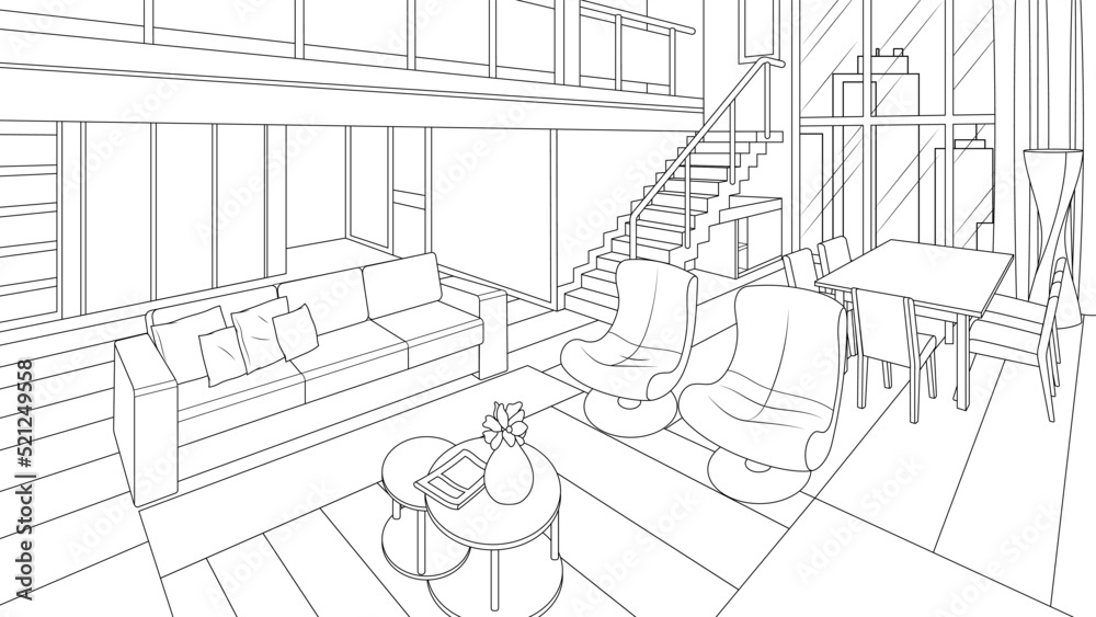 Vector illustration, loft style living room interior
