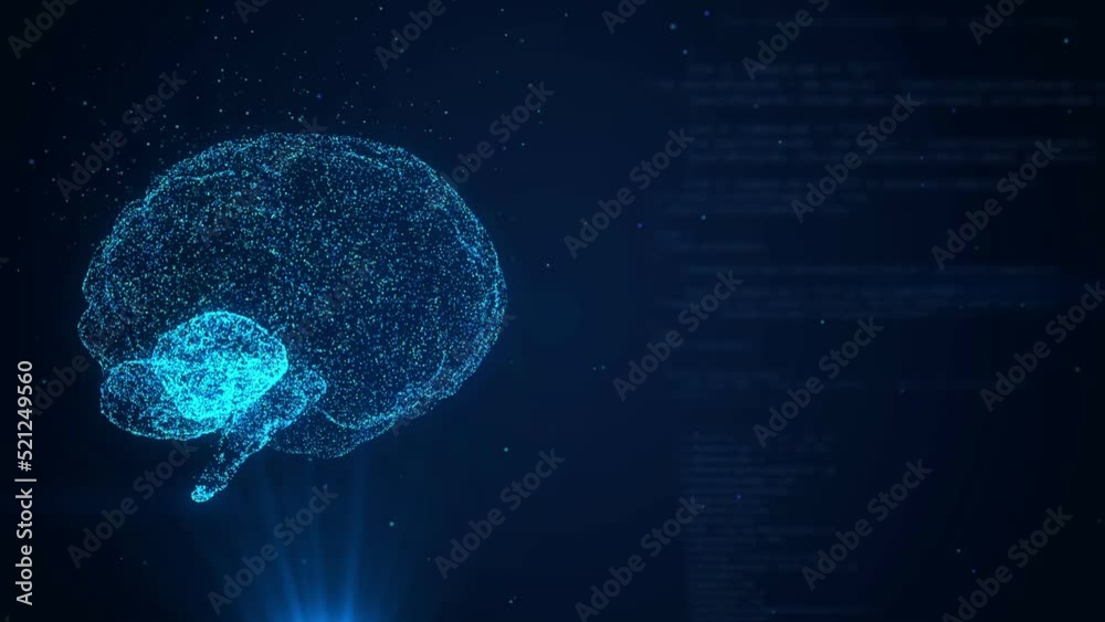 Human brain digital particle with analysis computation data, neural network connections in digital artificial intelligence computer, abstract deep learning research 3d technology motion graphic