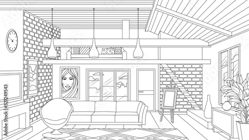 Vector illustration, living room with attic floor
