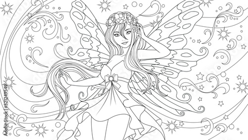 Vector illustration, cute young fairy in a beautiful dress