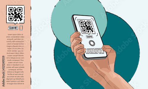 Vector cartoon hand holding the black smartphone with a QR code on the camera app and scan me banner - modern smartphone frameless design - template for mobile app or internet shop link

