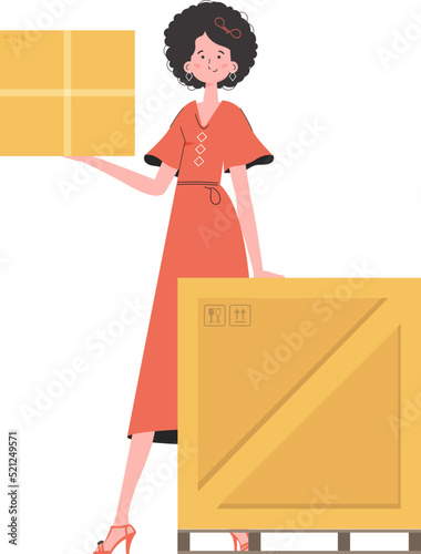 A woman stands and holds a parcel. Delivery concept. Isolated on white background. Vector.