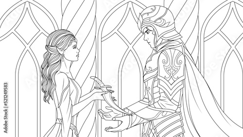 Vector illustration, a beautiful princess gives an enchanted sword to a brave warrior, protector of the kingdom