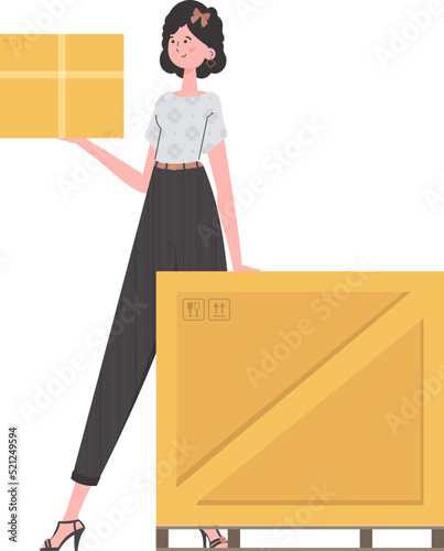A woman stands and holds a parcel. Delivery concept. Isolated. trendy style. Vector illustration.
