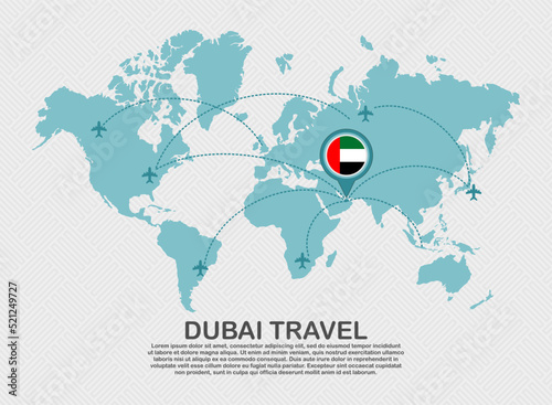 Travel to Dubai poster with world map and flying plane route business background tourism destination concept