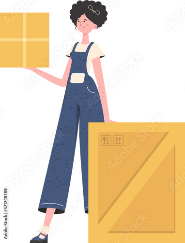A woman stands and holds a parcel. Delivery concept. Isolated on white background. trendy style. Vector illustration.