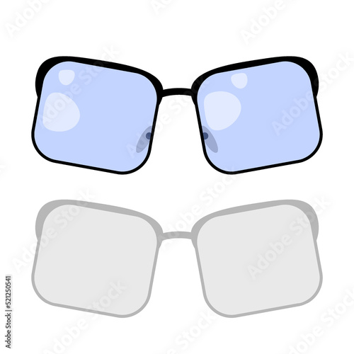 Vector illustration of square glasses with black frame and blue glass with flare on a white background with shadow