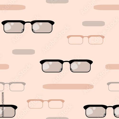 Rectangular glasses with black and pink tinted glass frame on pink background, seamless pattern illustration.