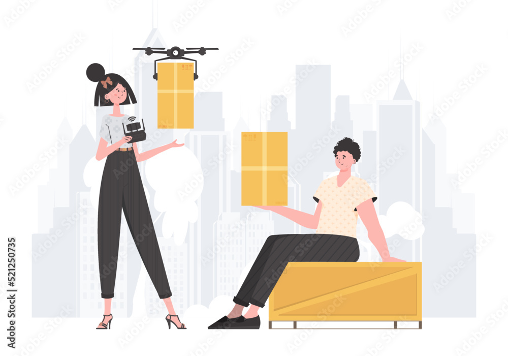 The concept of cargo delivery. The drone is transporting the parcel. Man and woman with cardboard boxes. trendy style. Vector.
