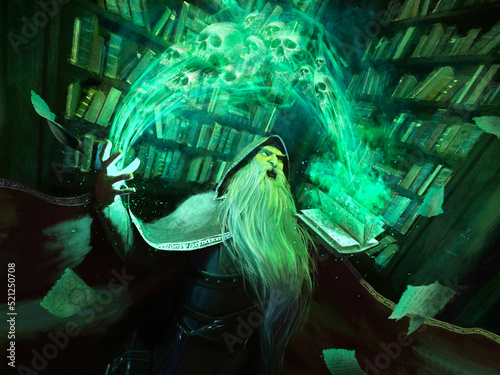 An old necromancer with a long gray beard stands in the library, laughing ominously, holding a book from which he absorbs souls