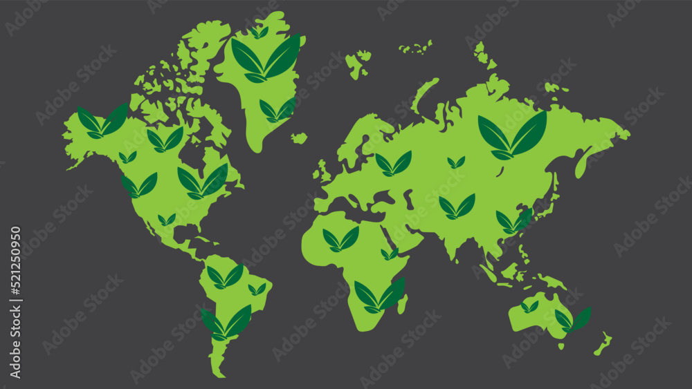 Tree icon on green world map. ECO concept. vector.