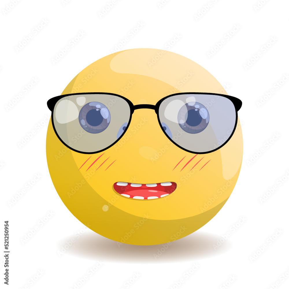 Emoji round emoticon with yellow gradient, brown eyes and black-rimmed glasses and blue glass. Emoji round emoticon with yellow gradient, brown eyes and black-rimmed glasses and blue glass.