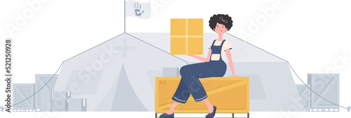 The woman is holding a box. The concept of humanitarian aid. trendy style. Vector.
