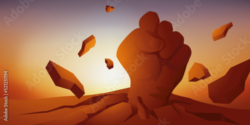 Concept de la liberté et de l’oppression des peuples, avec le symbole d’un poing qui sort en faisant voler en éclats le sol.