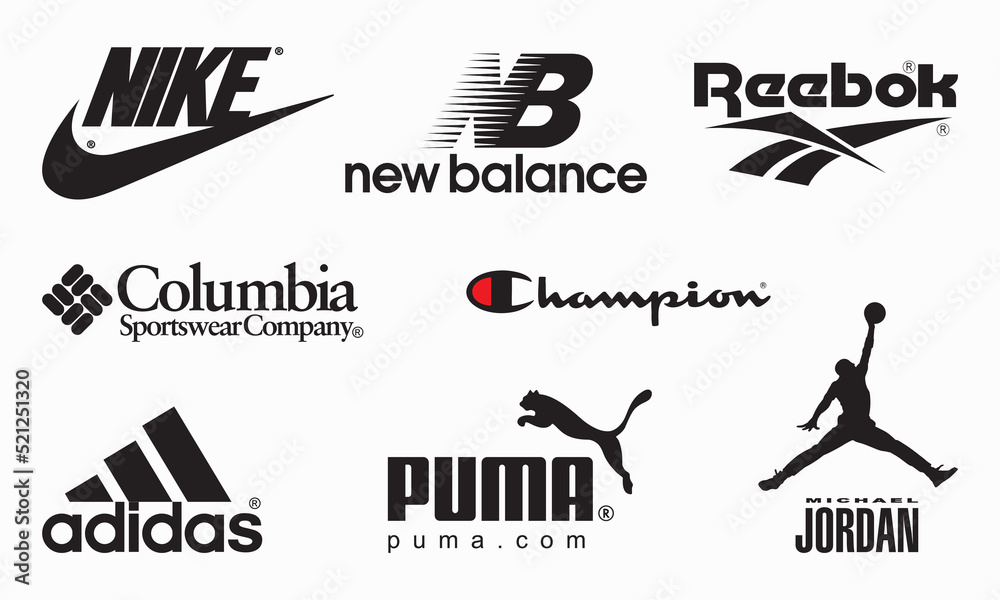 business dizzy Caroline Top Sports Brands logo collection: Nike, Adidas, puma, Reebok, New Balance,  Michael Jordan, Champion, Columbia Sportswear, Editorial vector  illustration. Stock Vector | Adobe Stock