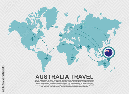 Travel to Australia poster with world map and flying plane route business background tourism destination concept