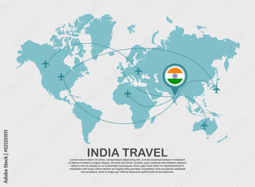 Travel to India poster with world map and flying plane route business background tourism destination concept Travel to India poster with world map and flying plane route business background tourism destination concept