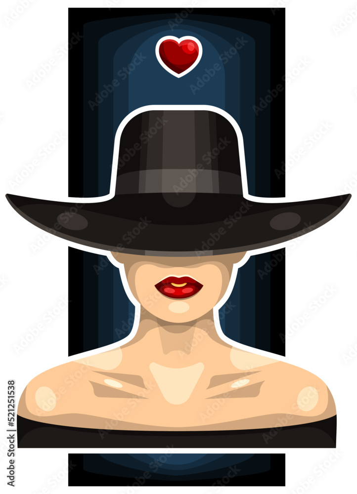 A girl with a heart above her head. A girl in a hat with brim. Red lips. There is a small heart above the head. Sticker.