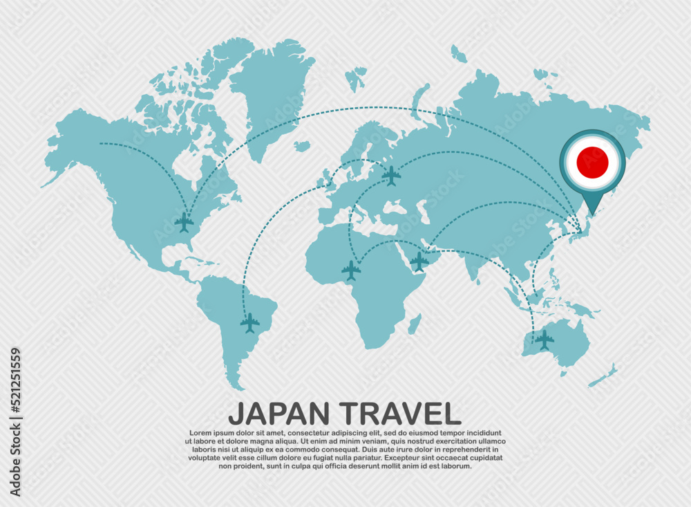 Naklejka premium Travel to Japan poster with world map and flying plane route business background tourism destination concept