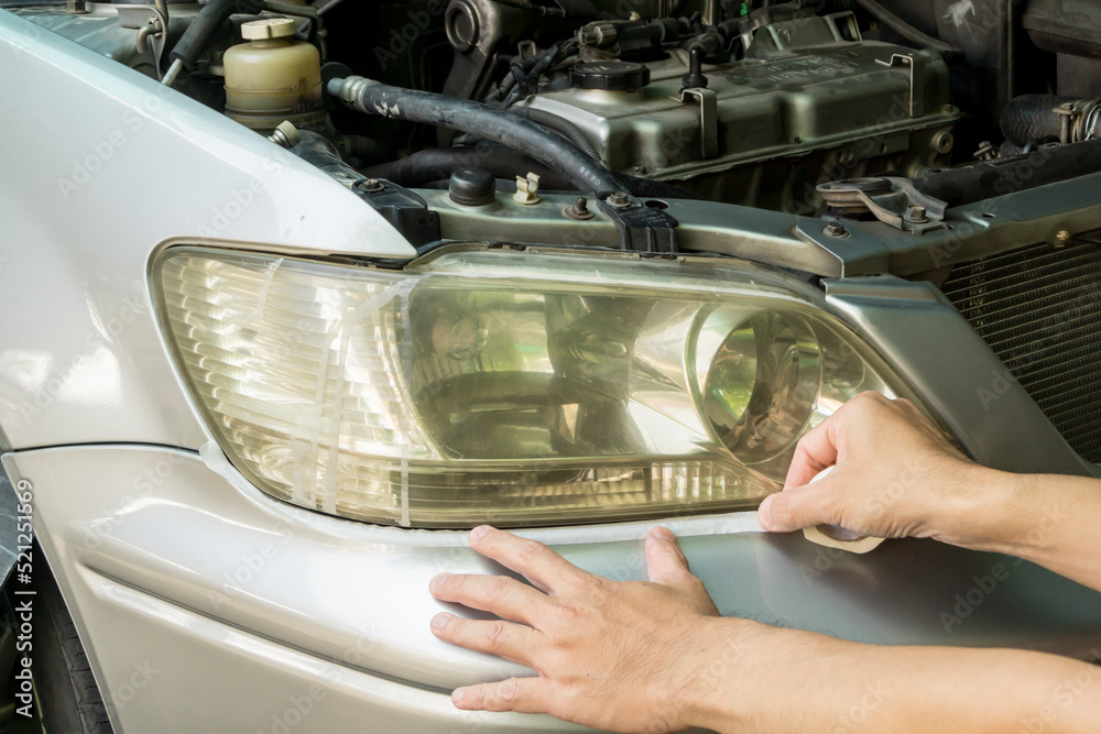 Prepare Headlight lenses for Polish Restorer, Car maintenance service.