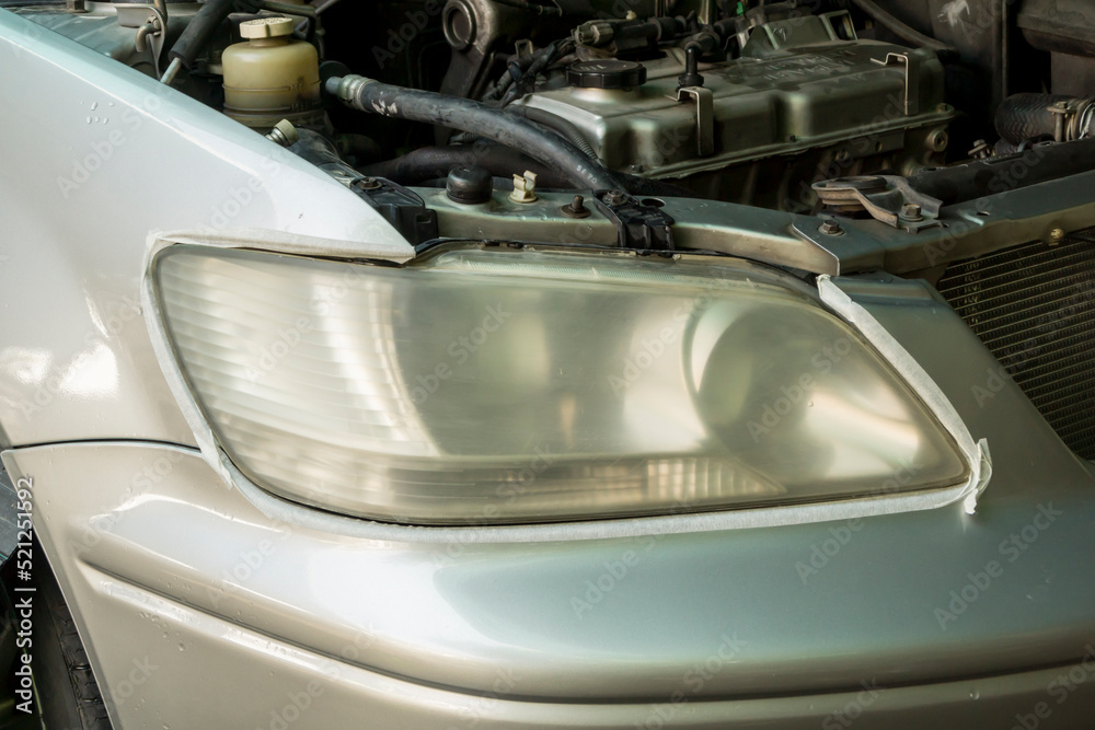 Headlight Lens after Polish with sandpaper, Car maintenance service.