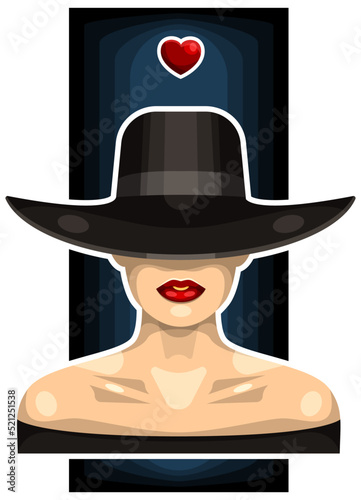 A girl with a heart above her head. A girl in a hat with brim. Red lips. There is a small heart above the head. Sticker.