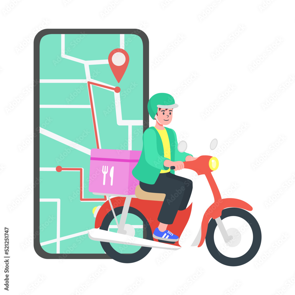 Food delivery app on a smartphone tracking a delivery man on motorcycle