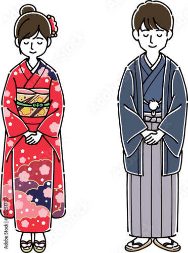 晴れ着姿でお辞儀をする人　男性　女性