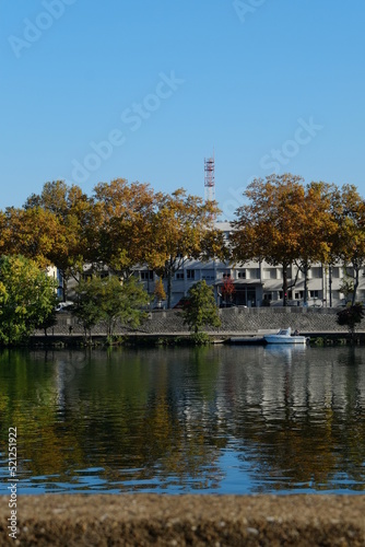 A view of the Rhone river in autumn. The 21st October 2021, Lyon, France.