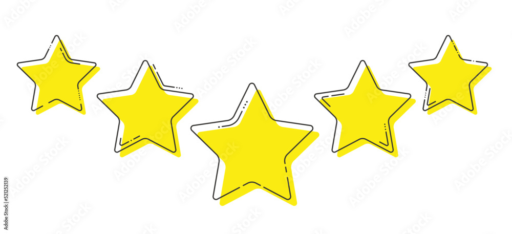 Five yellow stars with intermittent black line. Product quality rating or customer review. Vector illustration. Five yellow stars with intermittent black line. Product quality rating or customer review. Vector illustration.
