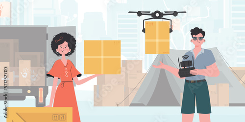 Camp for humanitarian aid. The quadcopter is transporting the parcel. Man and woman with cardboard boxes. Vector illustration.
